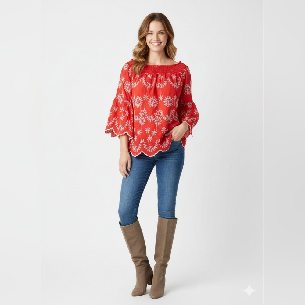 CKlass Red Embroidered Peasant Top NWT - Picture 2 of 9